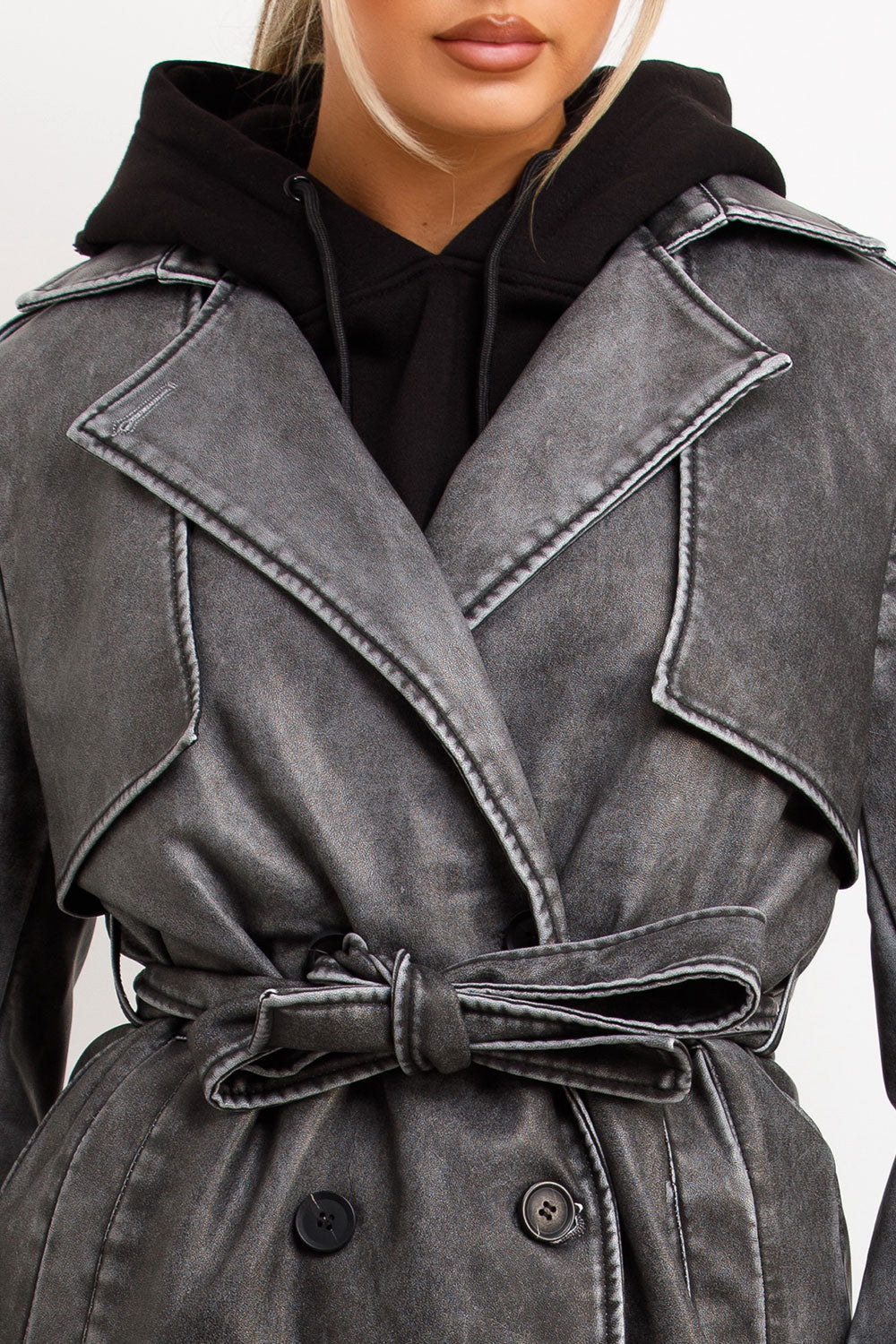 Faux Leather trench Coat With Belt Grey