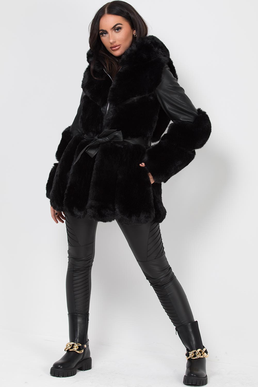 Faux Leather Faux Fur Panel Hooded Jacket With Belt Black