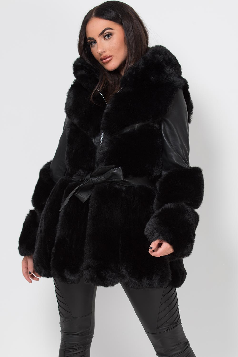 Faux Leather Faux Fur Panel Hooded Jacket With Belt Black