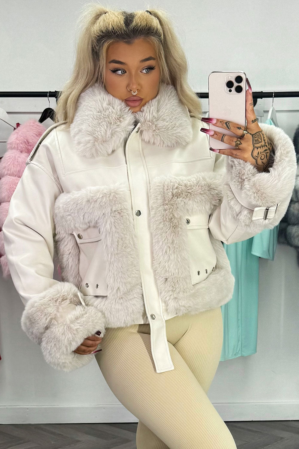 Faux Fur Trim Faux Leather Jacket Beige