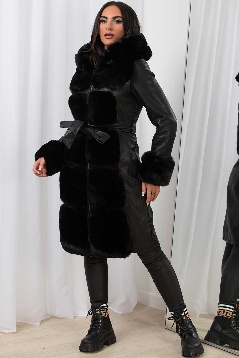 Faux Leather Faux Fur Longline Hooded Jacket Black