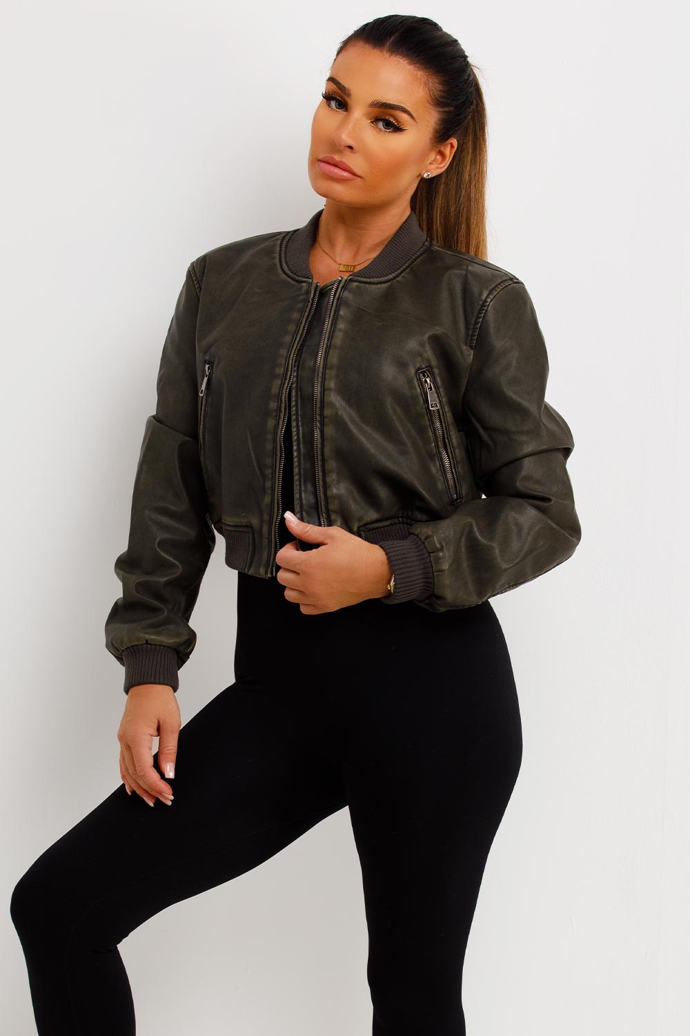 Faux Leather Bomber Jacket Khaki