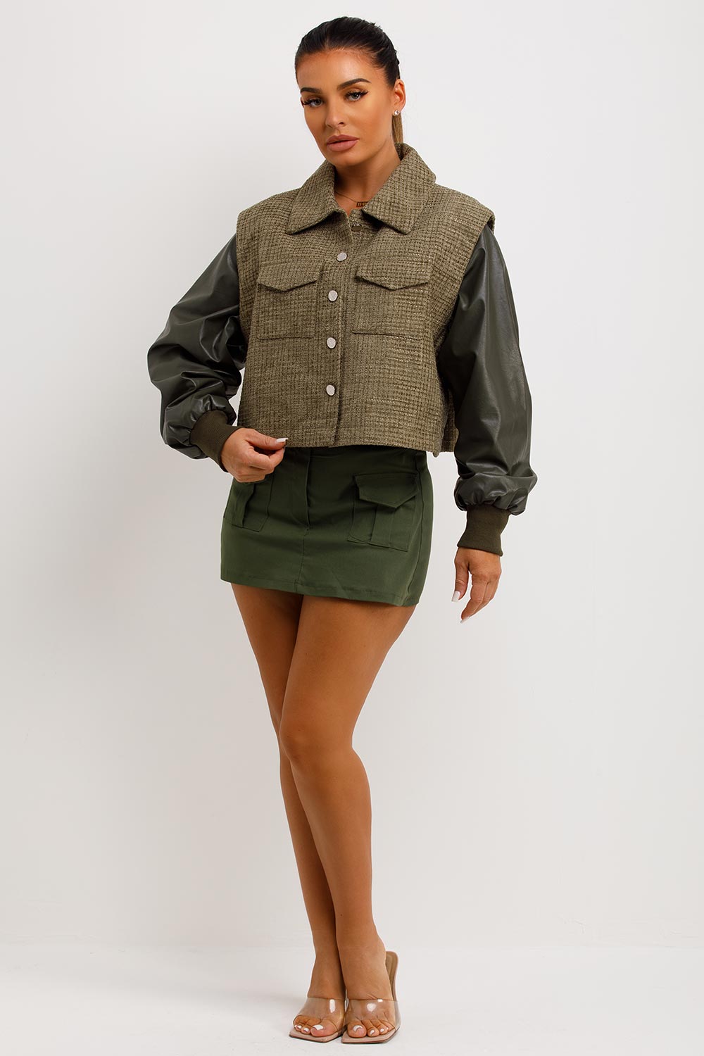 Tweed Bomber Jacket With Faux Leather Sleeves Khaki