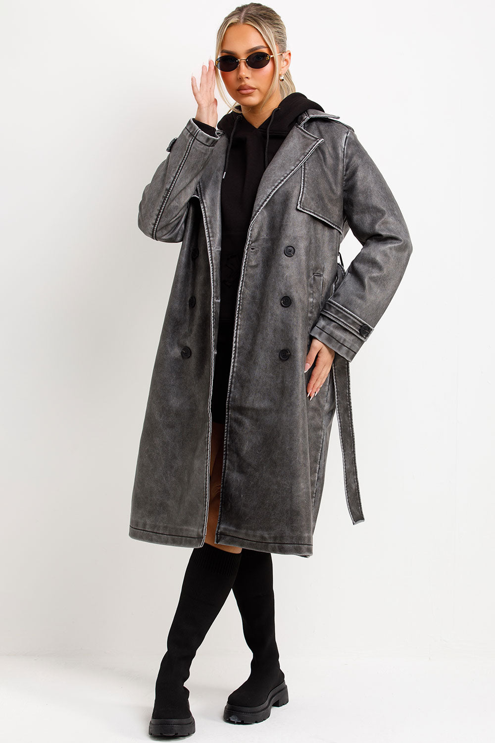 Faux Leather trench Coat With Belt Grey