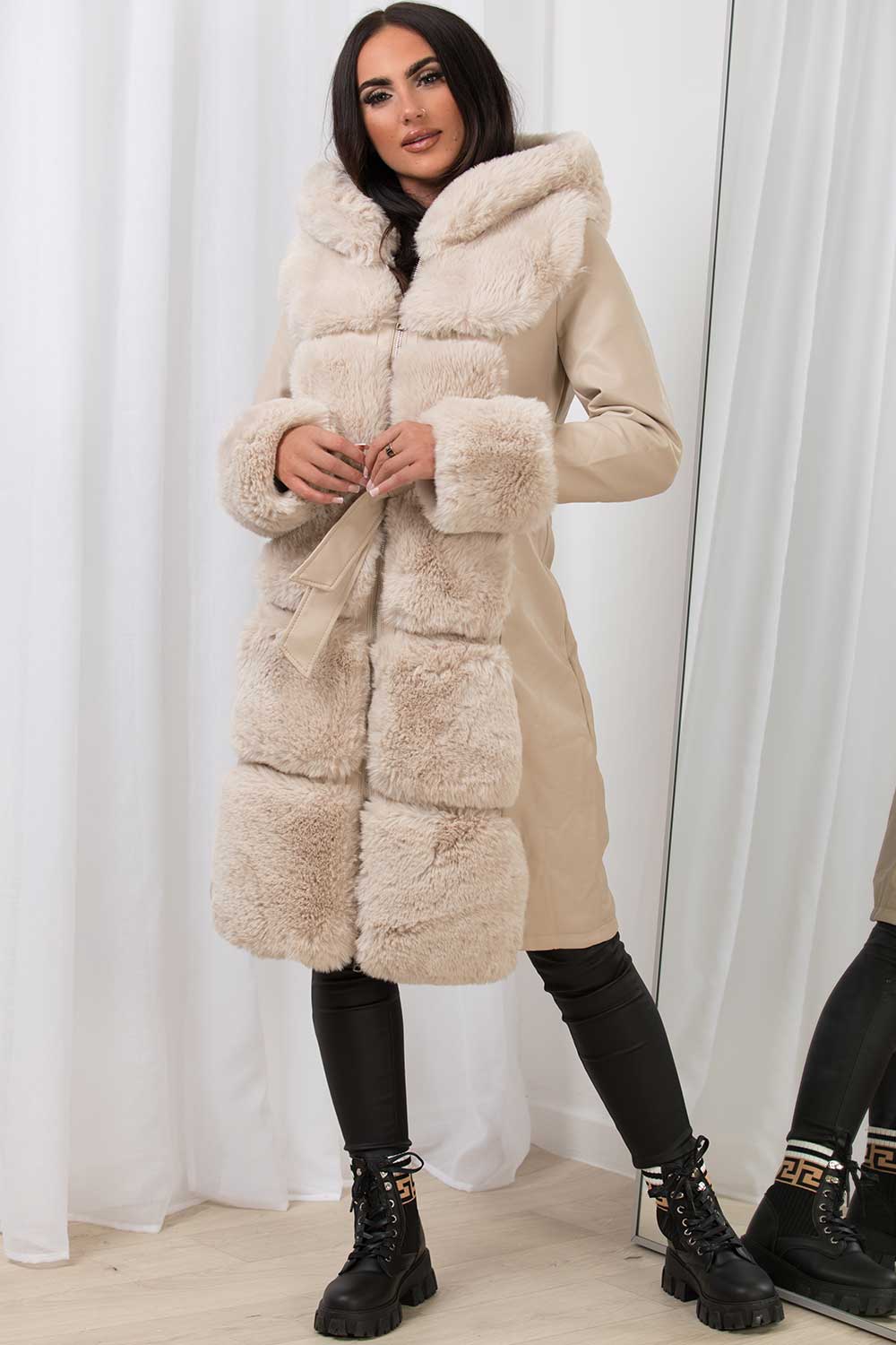 Faux Leather Faux Fur Longline Hooded Jacket Beige