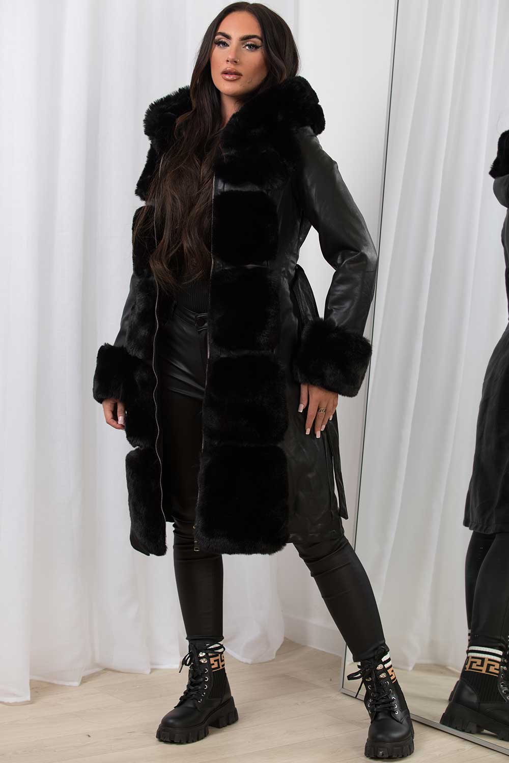 Faux Leather Faux Fur Longline Hooded Jacket Black