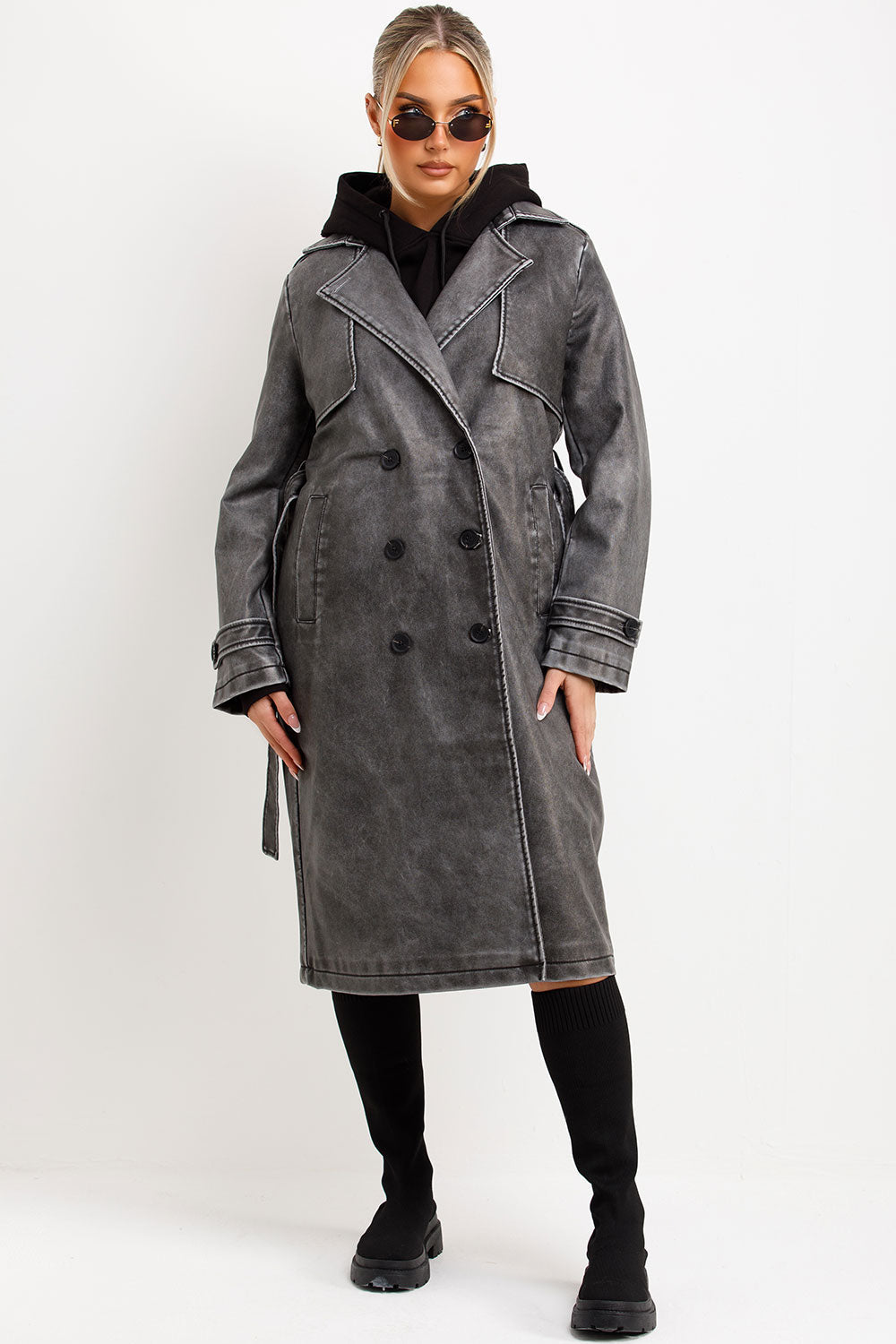 Faux Leather trench Coat With Belt Grey