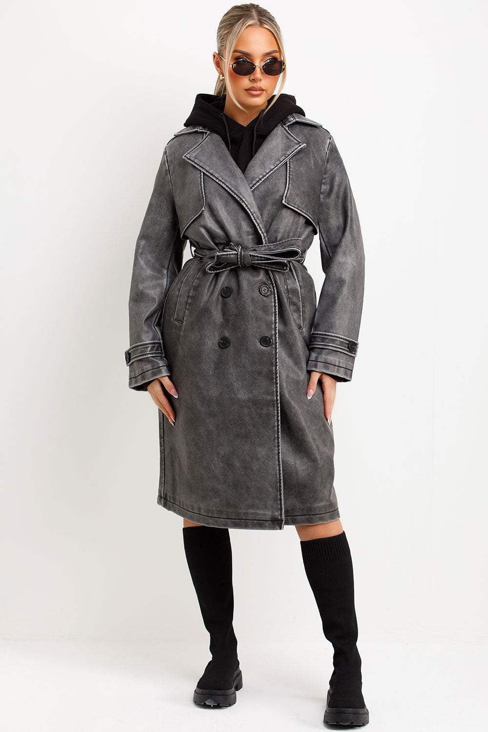 Faux Leather trench Coat With Belt Grey