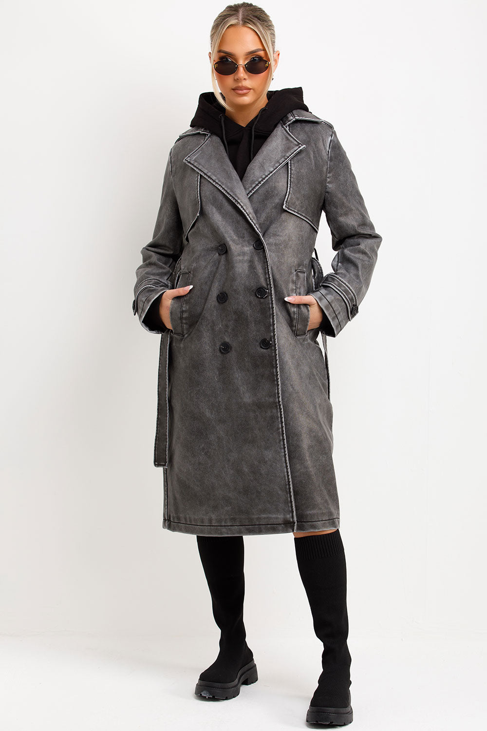 Faux Leather trench Coat With Belt Grey