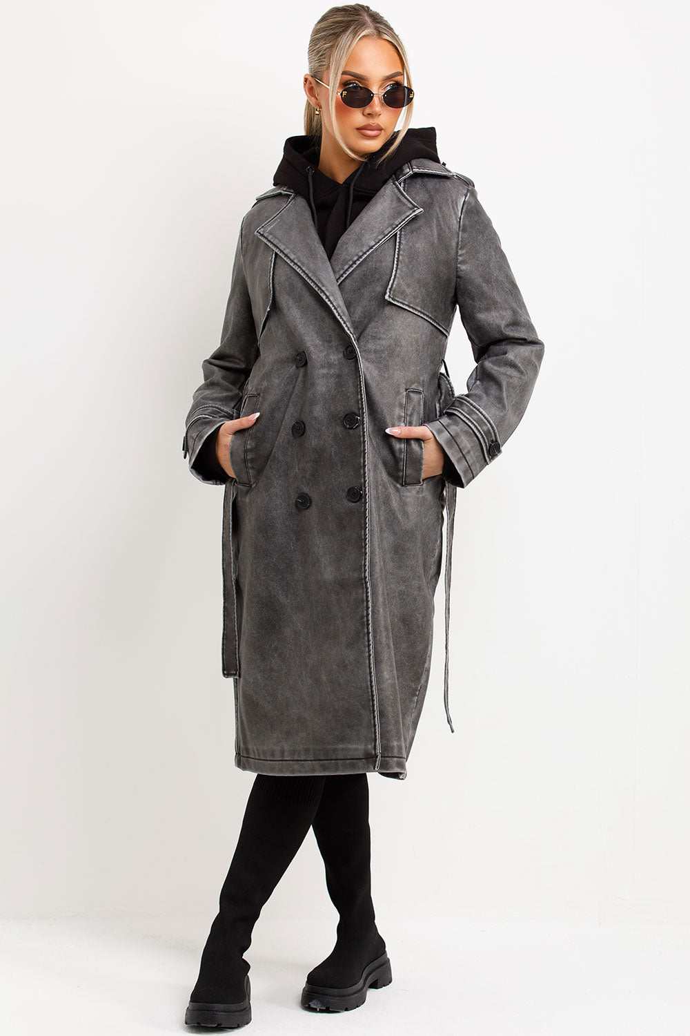 Faux Leather trench Coat With Belt Grey