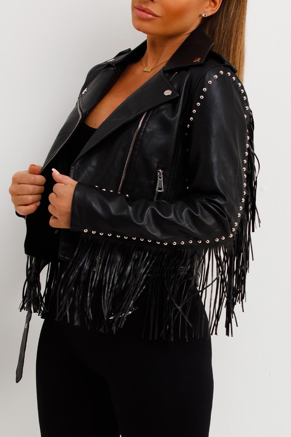 Black Faux Leather Biker Jacket With Tassels And Stud Detail