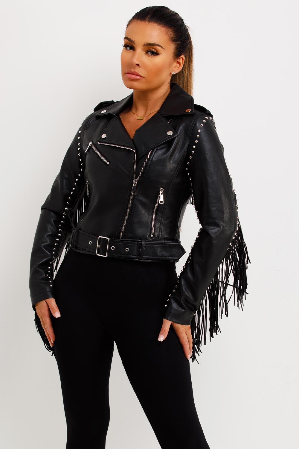 Black Faux Leather Biker Jacket With Tassels And Stud Detail