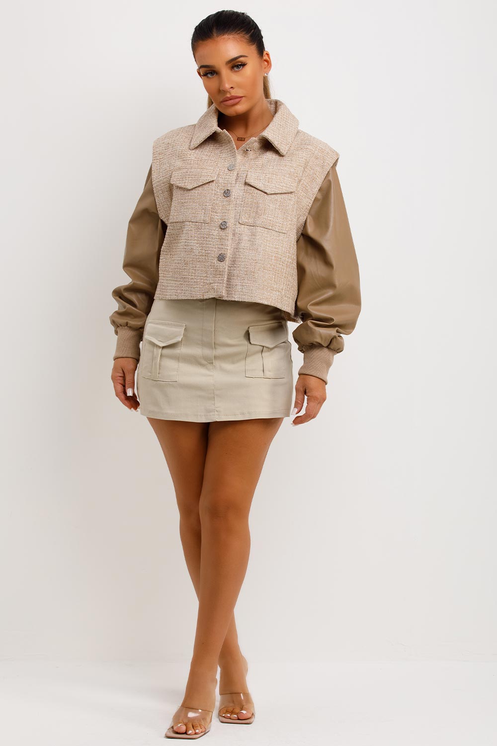 Tweed Bomber Jacket With Faux Leather Sleeves Beige