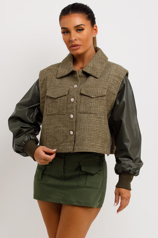 Tweed Bomber Jacket With Faux Leather Sleeves Khaki