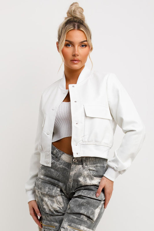 White Faux Leather Bomber Jacket