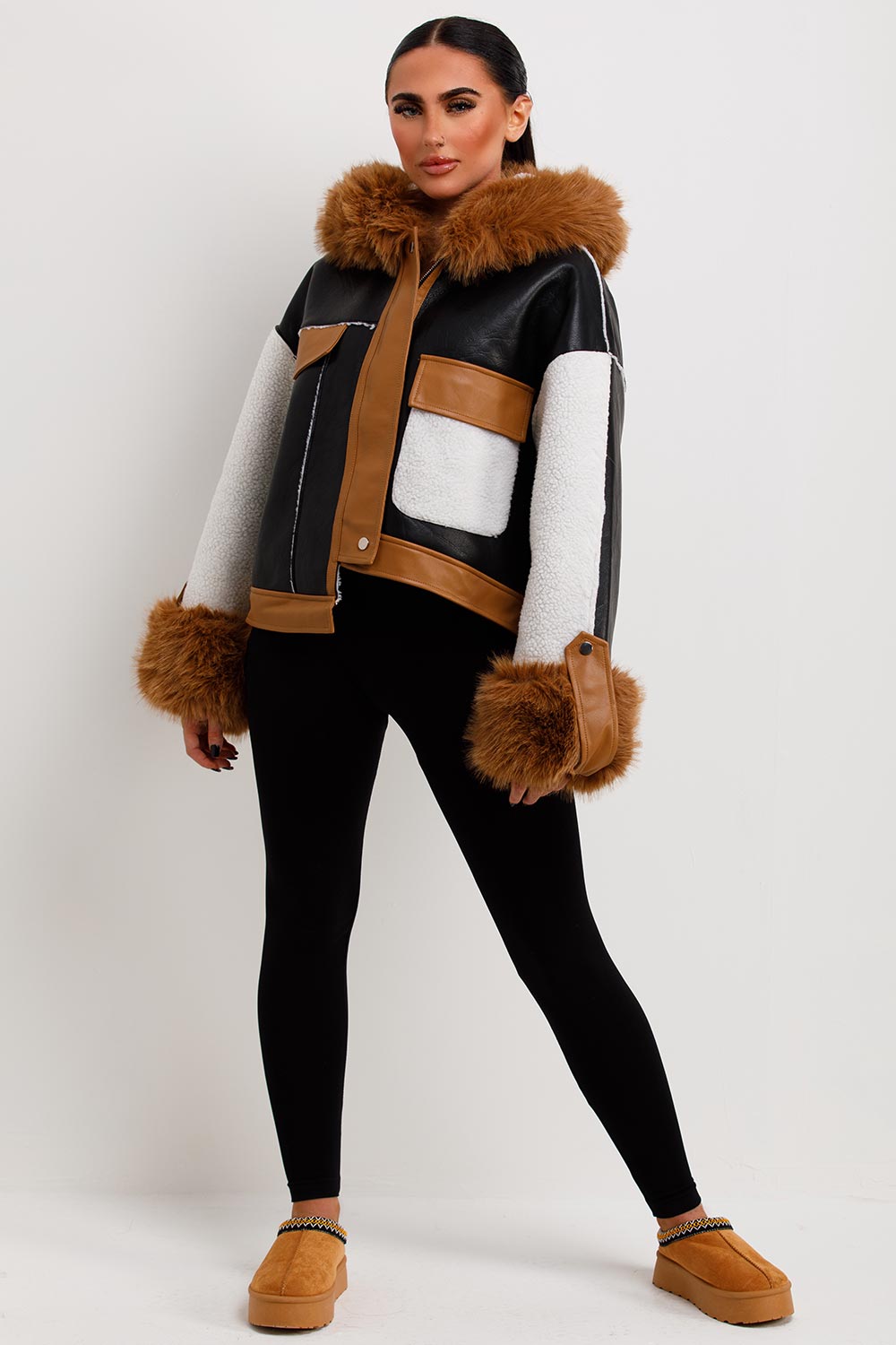 Shearling Faux Leather Jacket With Faux Fur Hood Black