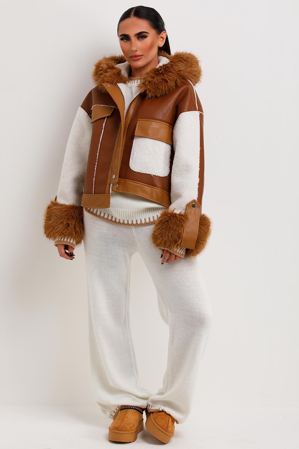 Shearling Faux Leather Jacket With Faux Fur Hood Brown