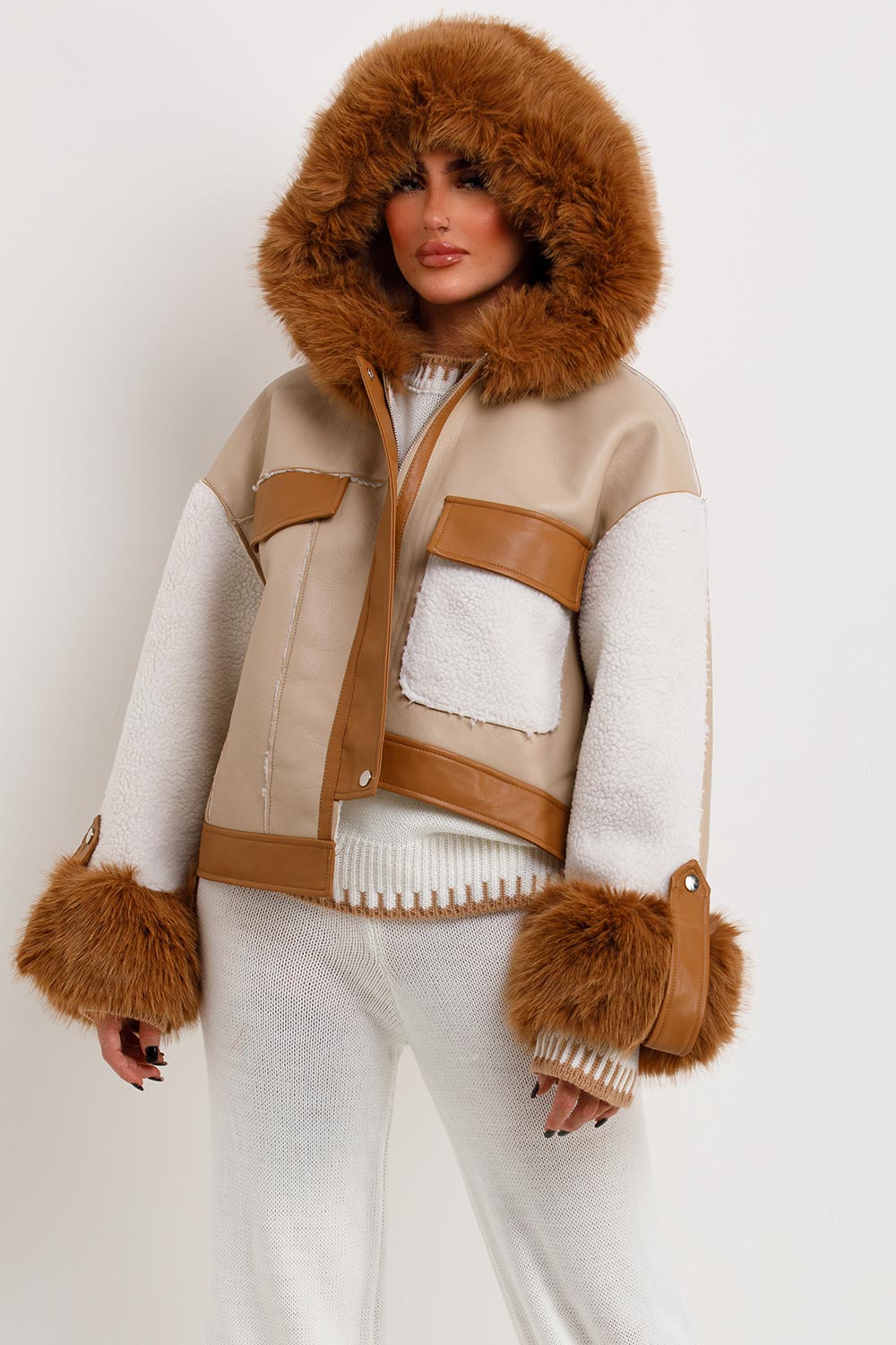 Shearling Faux Leather Jacket With Faux Fur Hood Beige