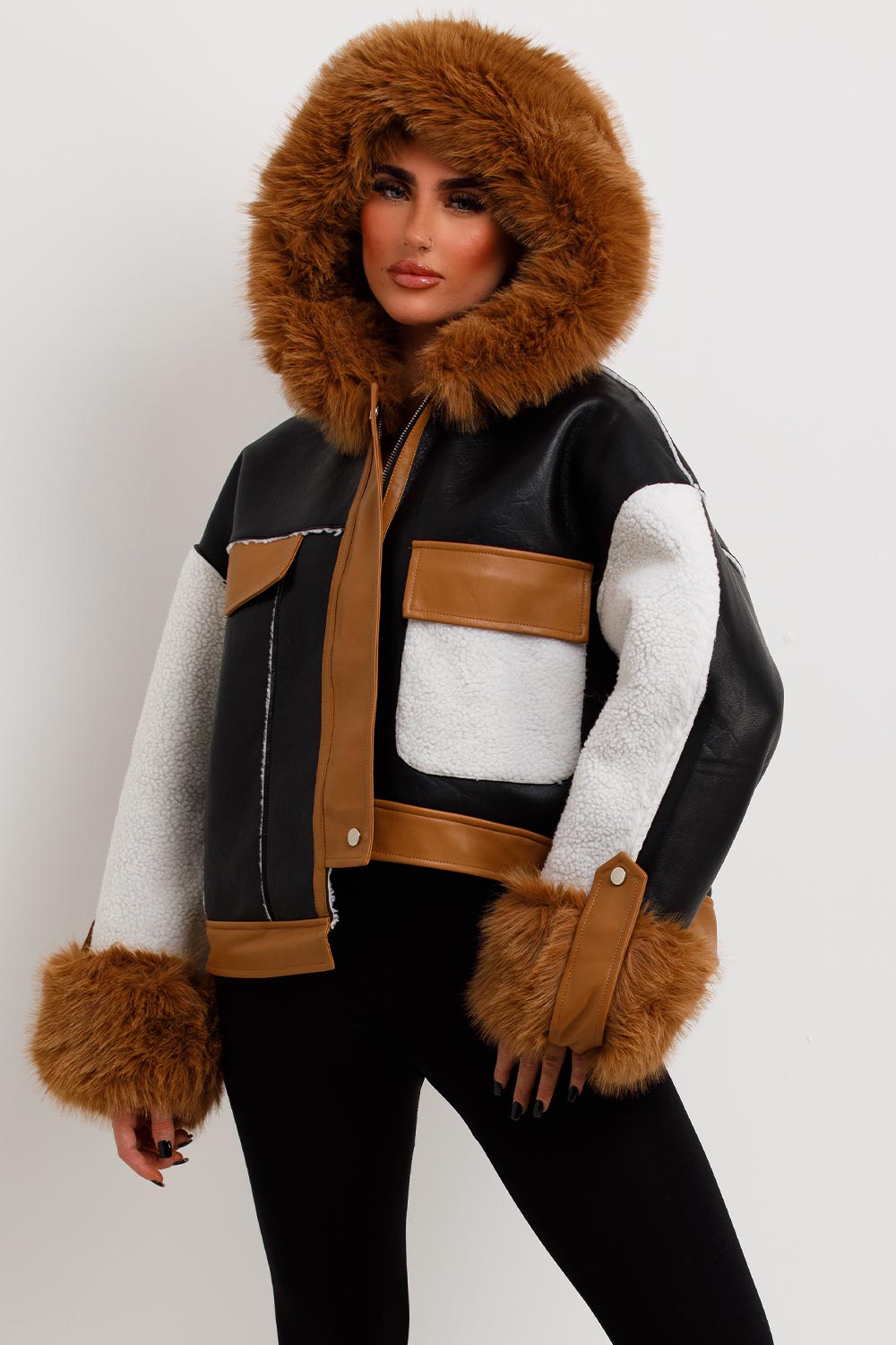 Shearling Faux Leather Jacket With Faux Fur Hood Black