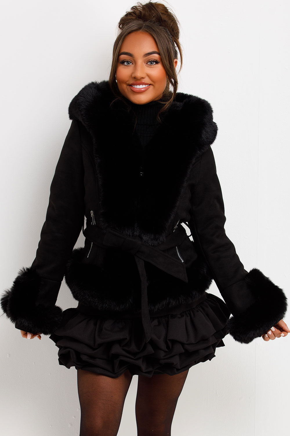 Faux Fur Faux Suede Jacket With Belt Black