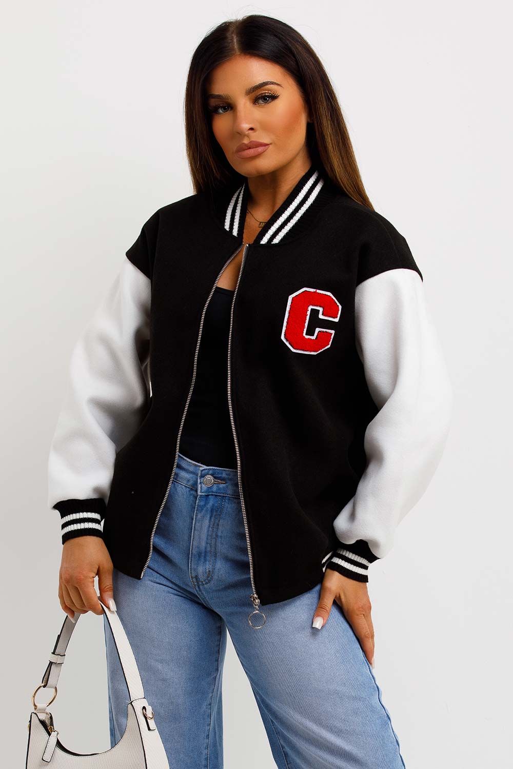 C Slogan Varsity Bomber Jacket Black And White