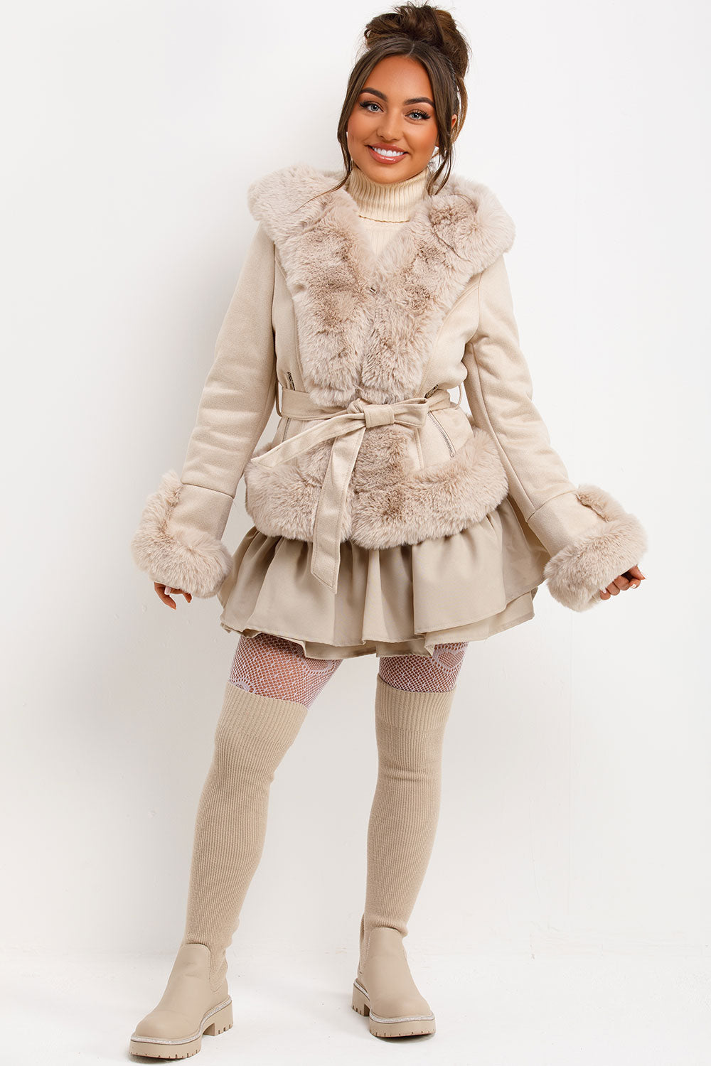 Faux Fur Faux Suede Jacket With Belt Beige