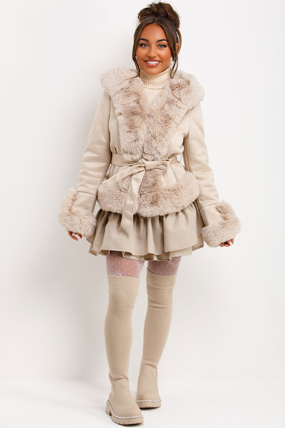 Faux Fur Faux Suede Jacket With Belt Beige