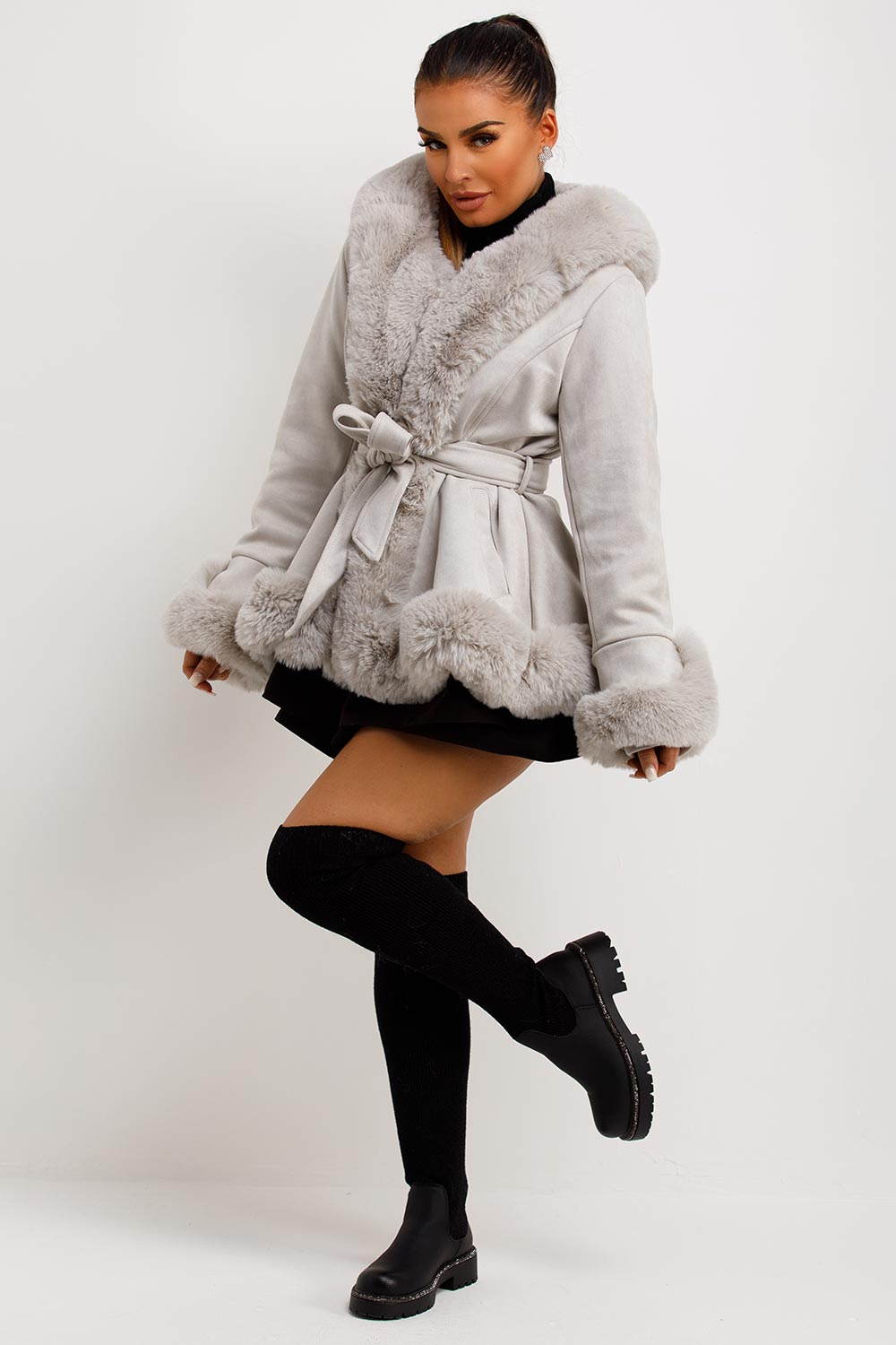 Grey Faux Fur Faux Suede Hooded Belted Coat