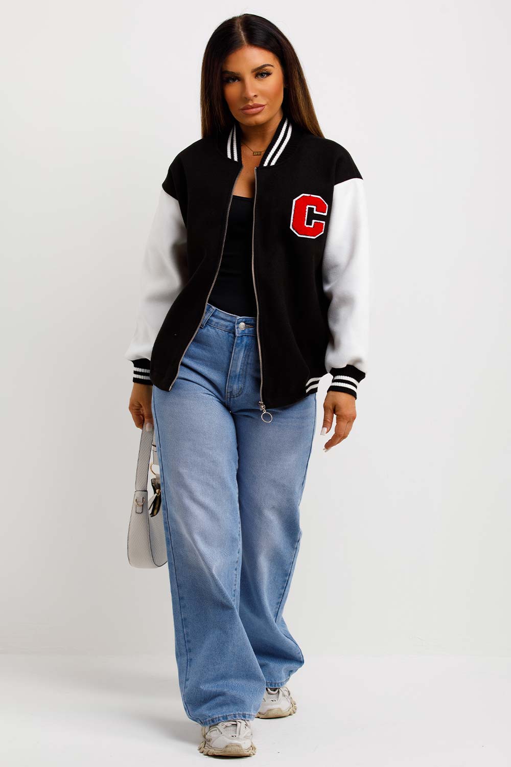 C Slogan Varsity Bomber Jacket Black And White