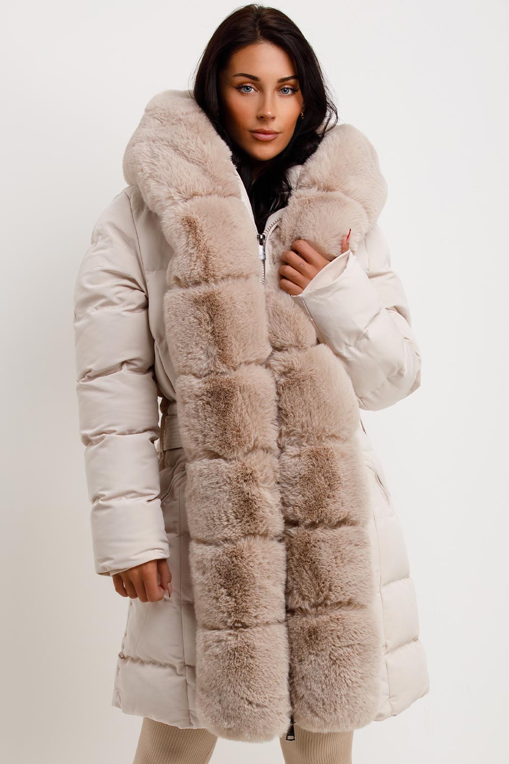 Beige Long Puffer Padded Coat With Faux Fur Hood And Trim