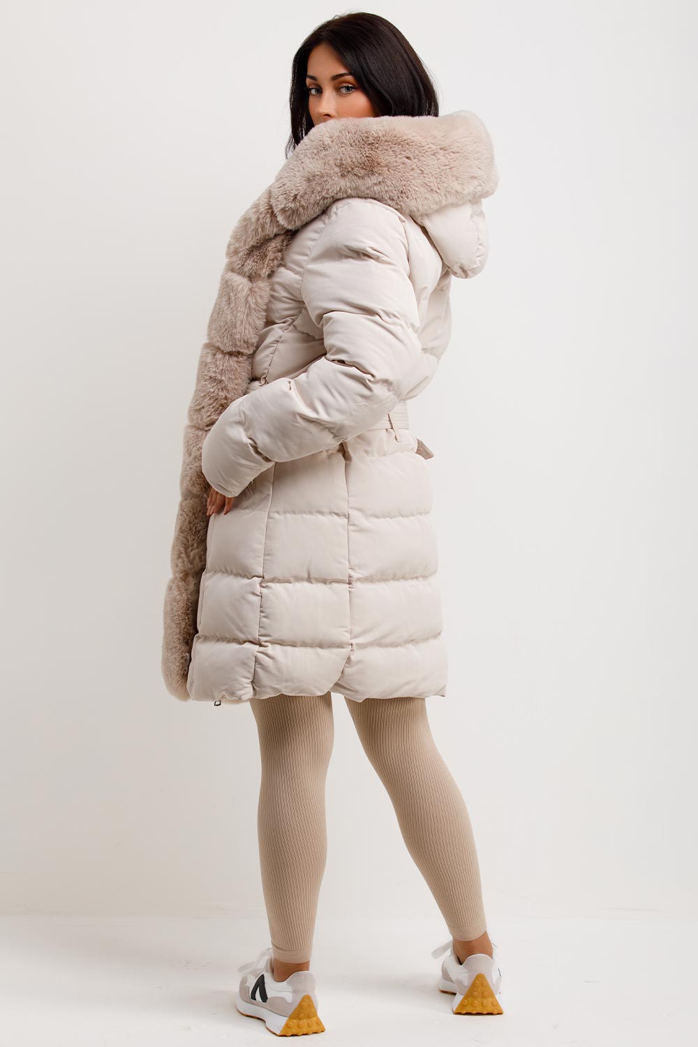 Beige Long Puffer Padded Coat With Faux Fur Hood And Trim