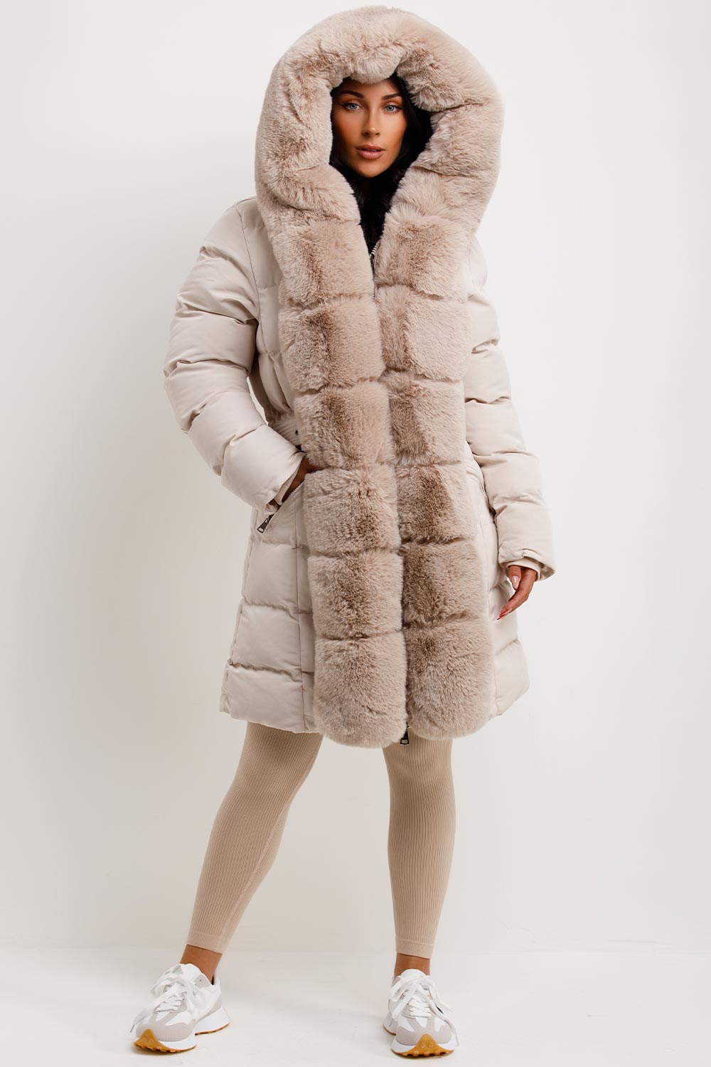 Beige Long Puffer Padded Coat With Faux Fur Hood And Trim