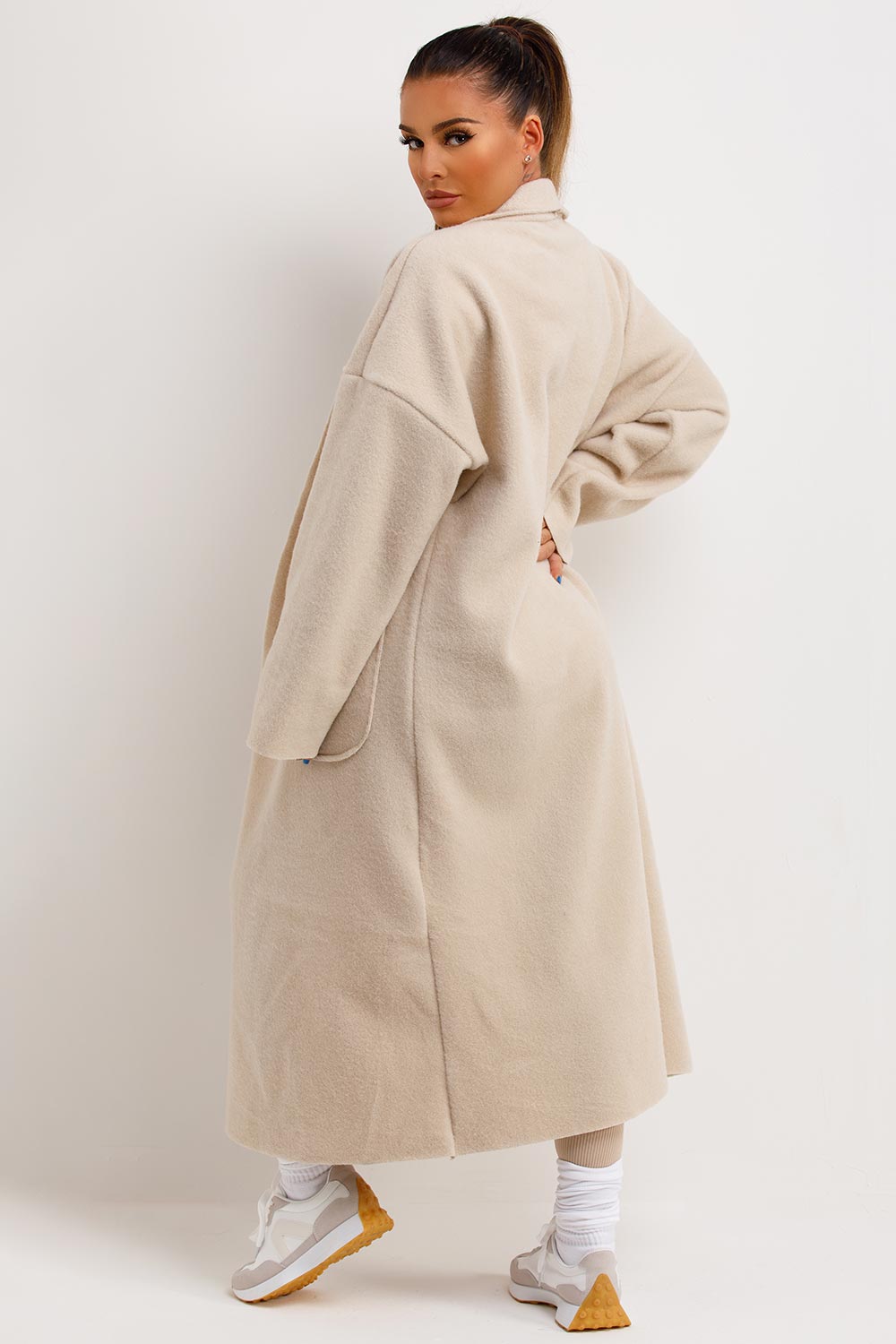 Longline Oversized Wool Look Coat With Pockets Beige