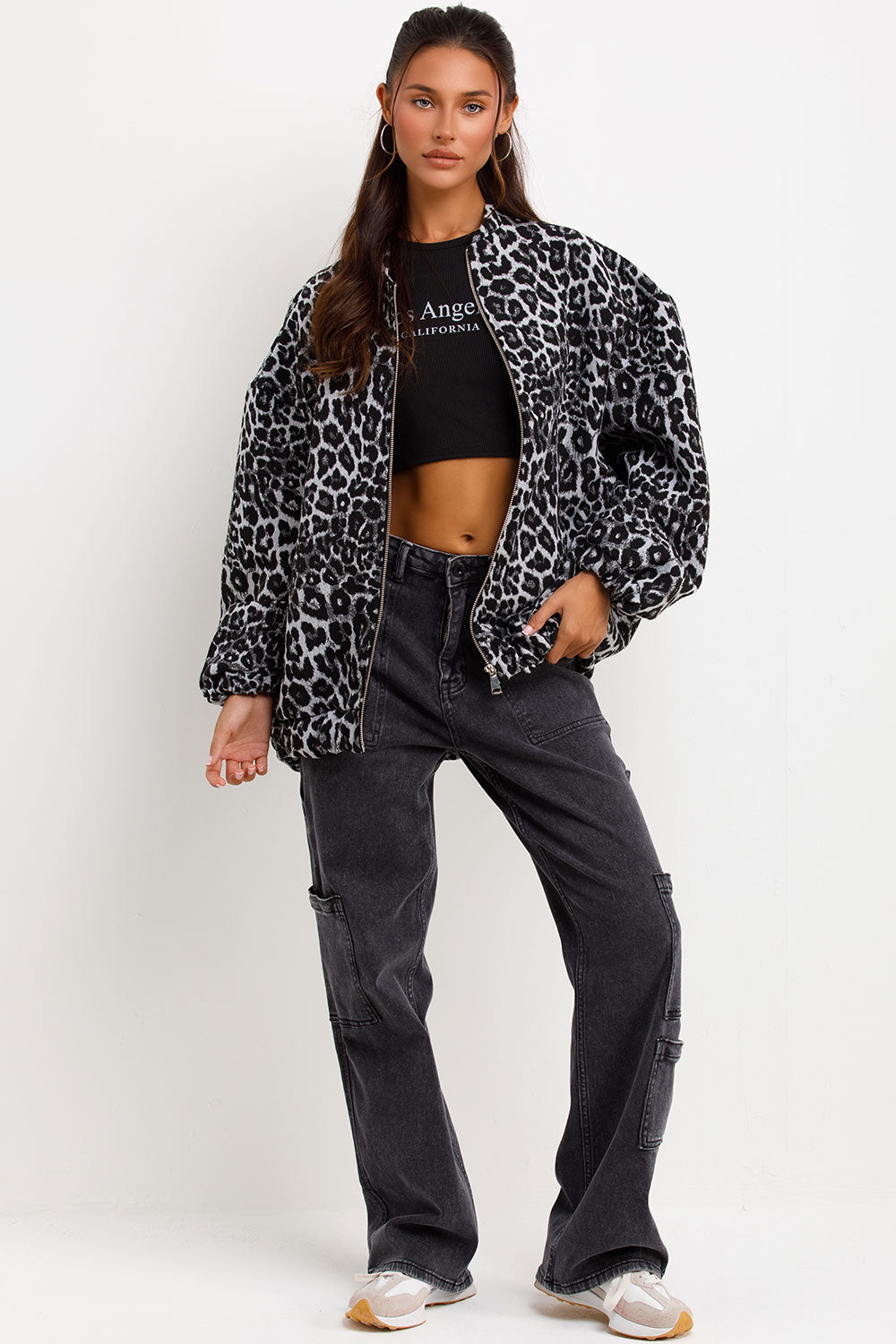 Leopard Print Bomber Jacket Grey