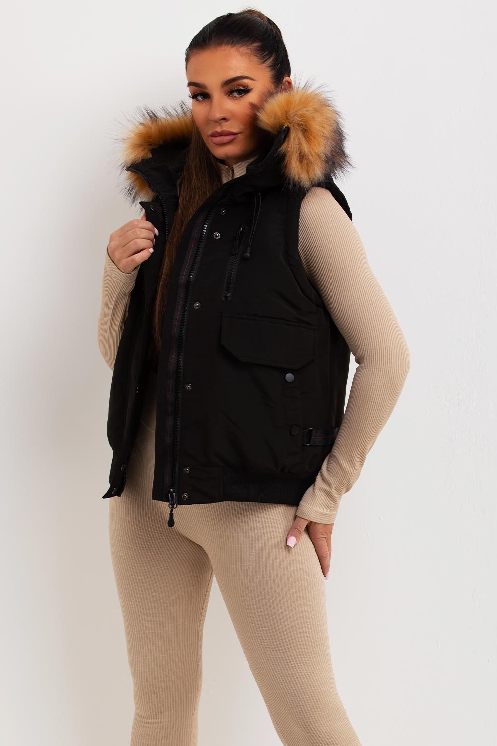 Black Gilet With Fur Hood