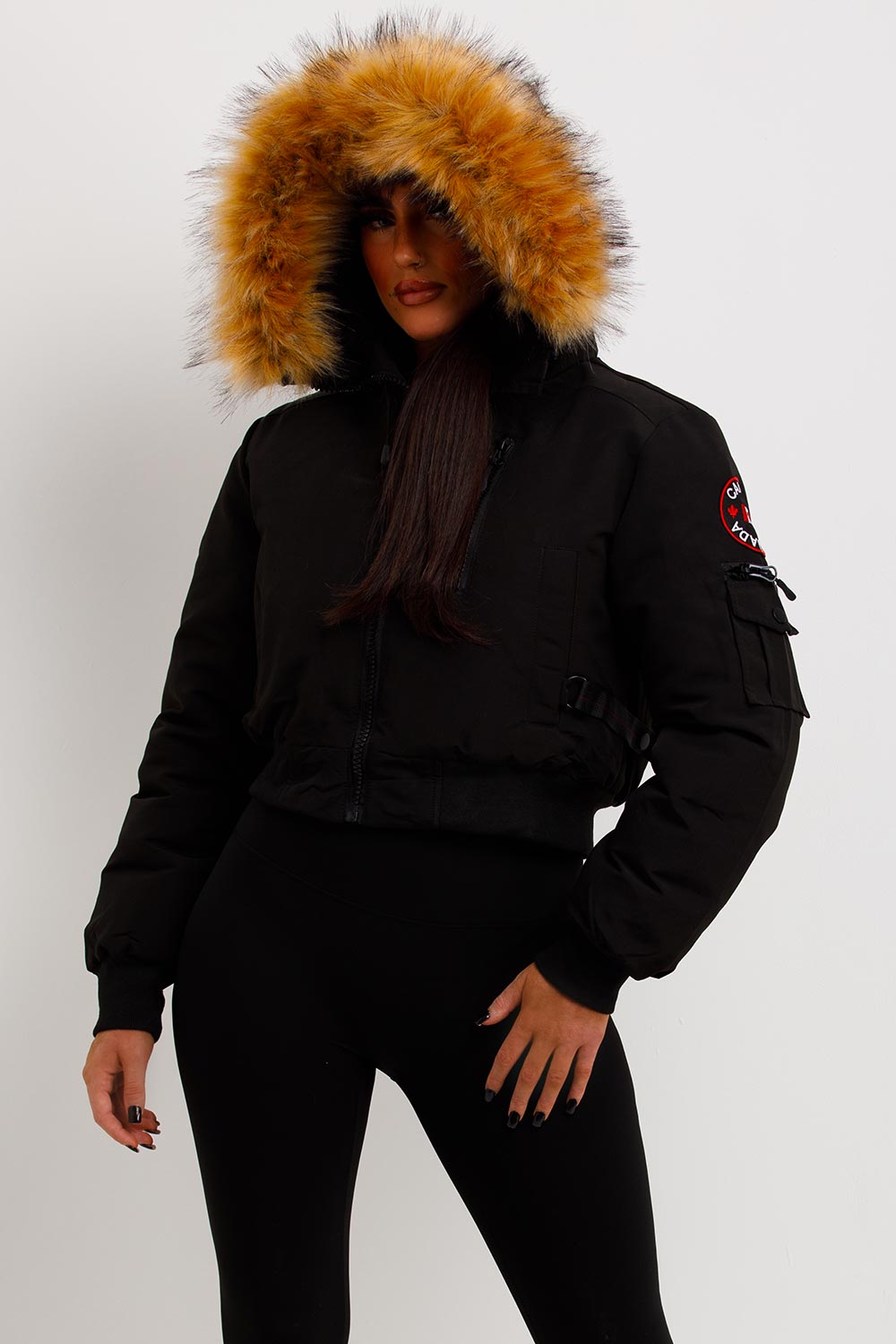 Canada Crop Bomber Jacket With Fur Hood Black