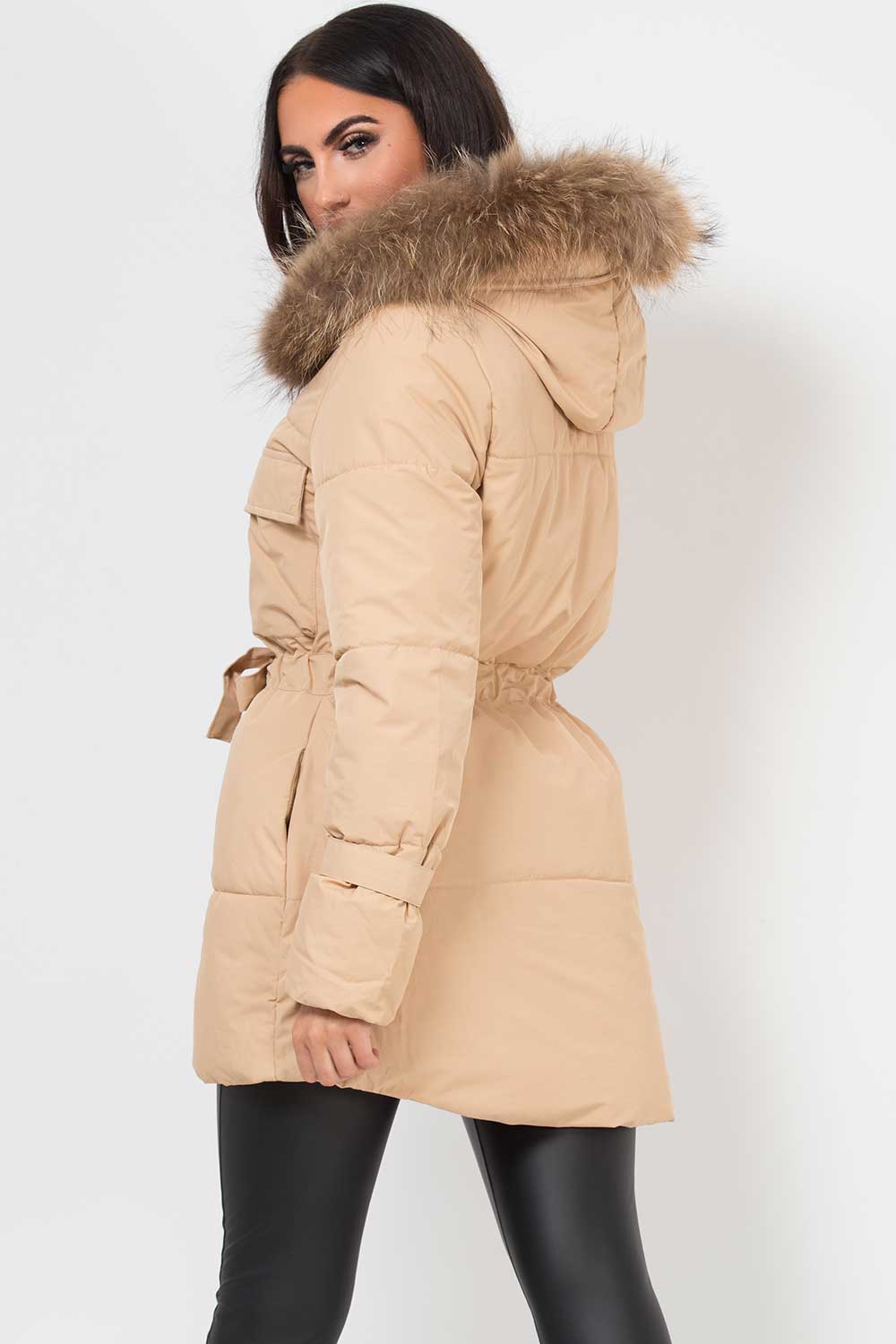 Real Fur Hood Coat With Drawstring Waist Beige