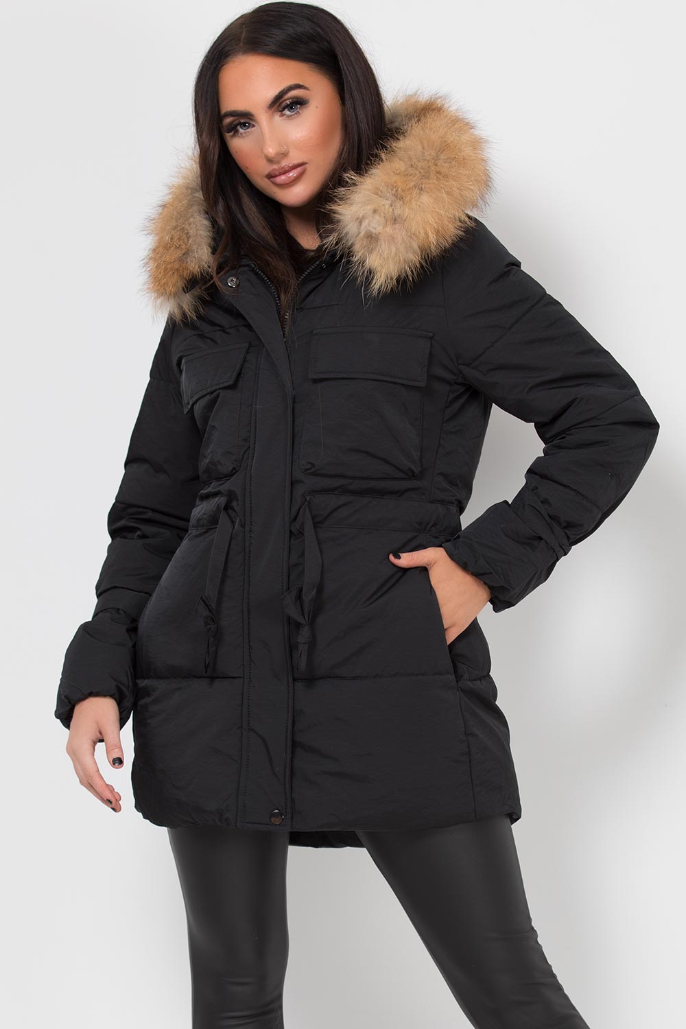 Real Fur Hood Coat With Drawstring Waist Black