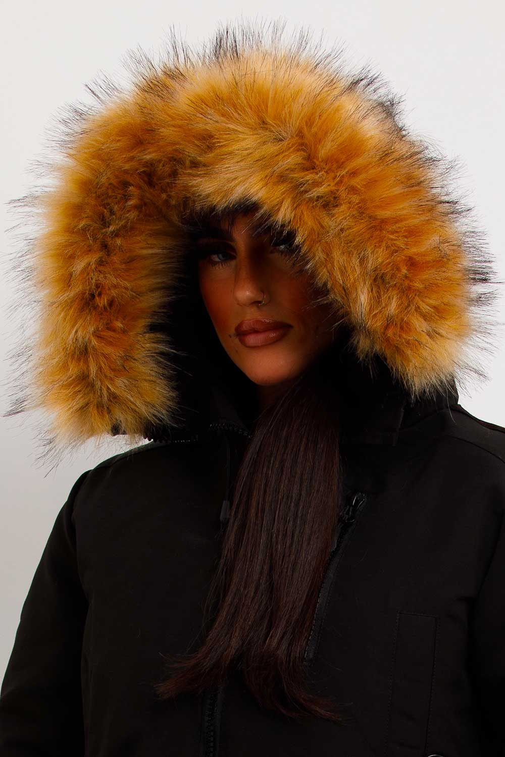 Canada Crop Bomber Jacket With Fur Hood Black