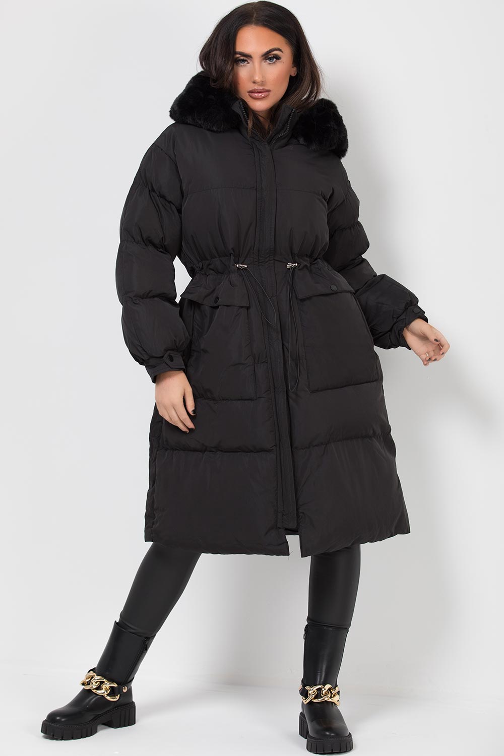 Long Black Puffer Coat With Faux Fur Hood And Drawstring Waist