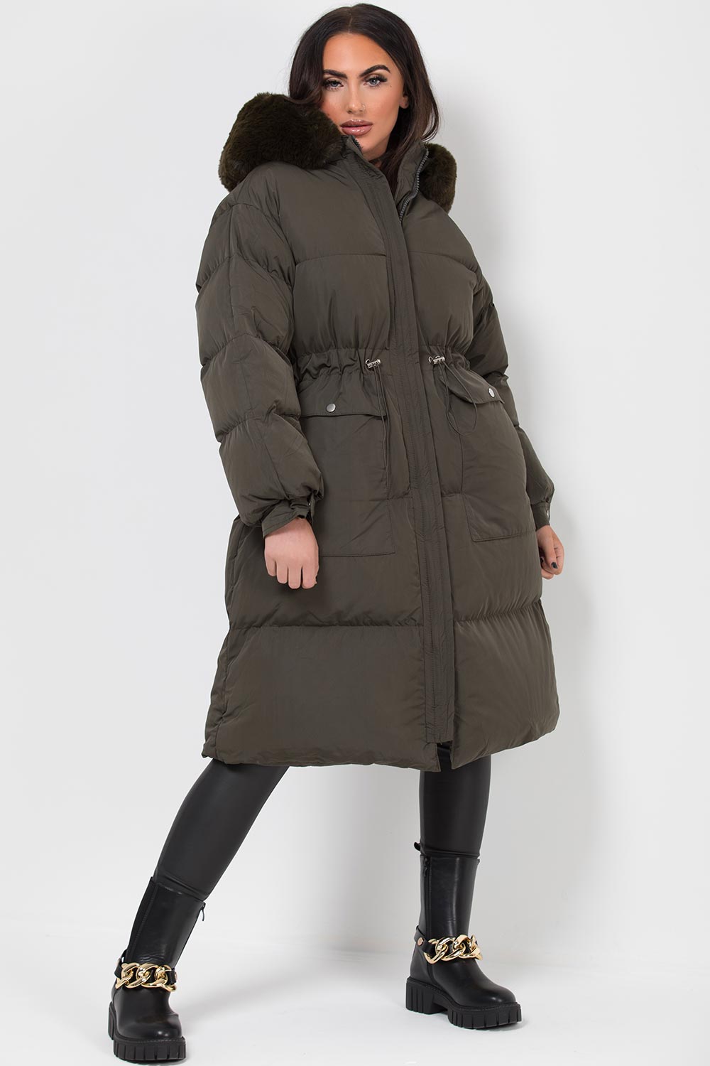 Long Puffer Coat With Faux Fur Hood And Drawstring Waist Khaki