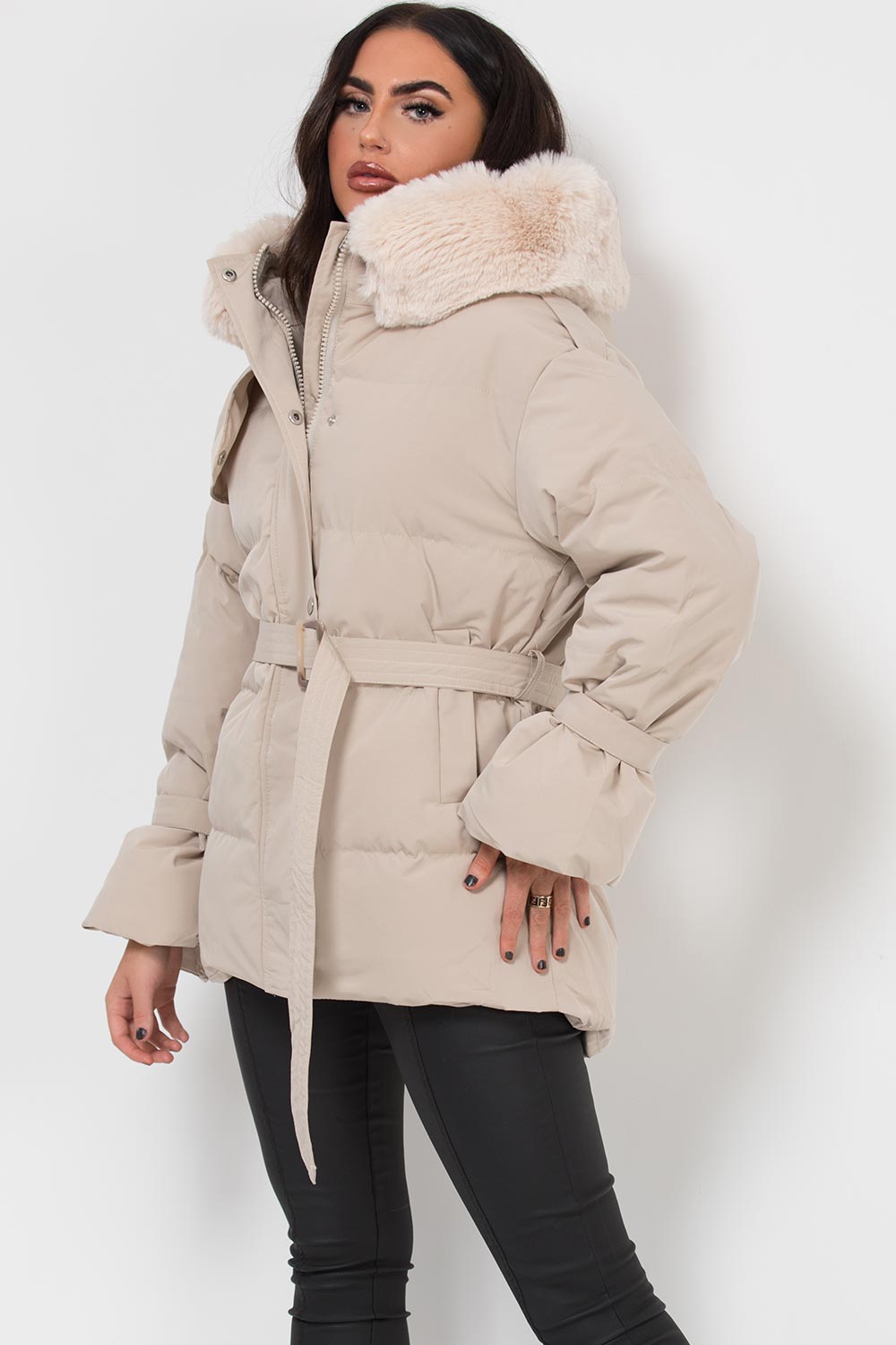 Beige Puffer Padded Coat With Faux Fur Hood