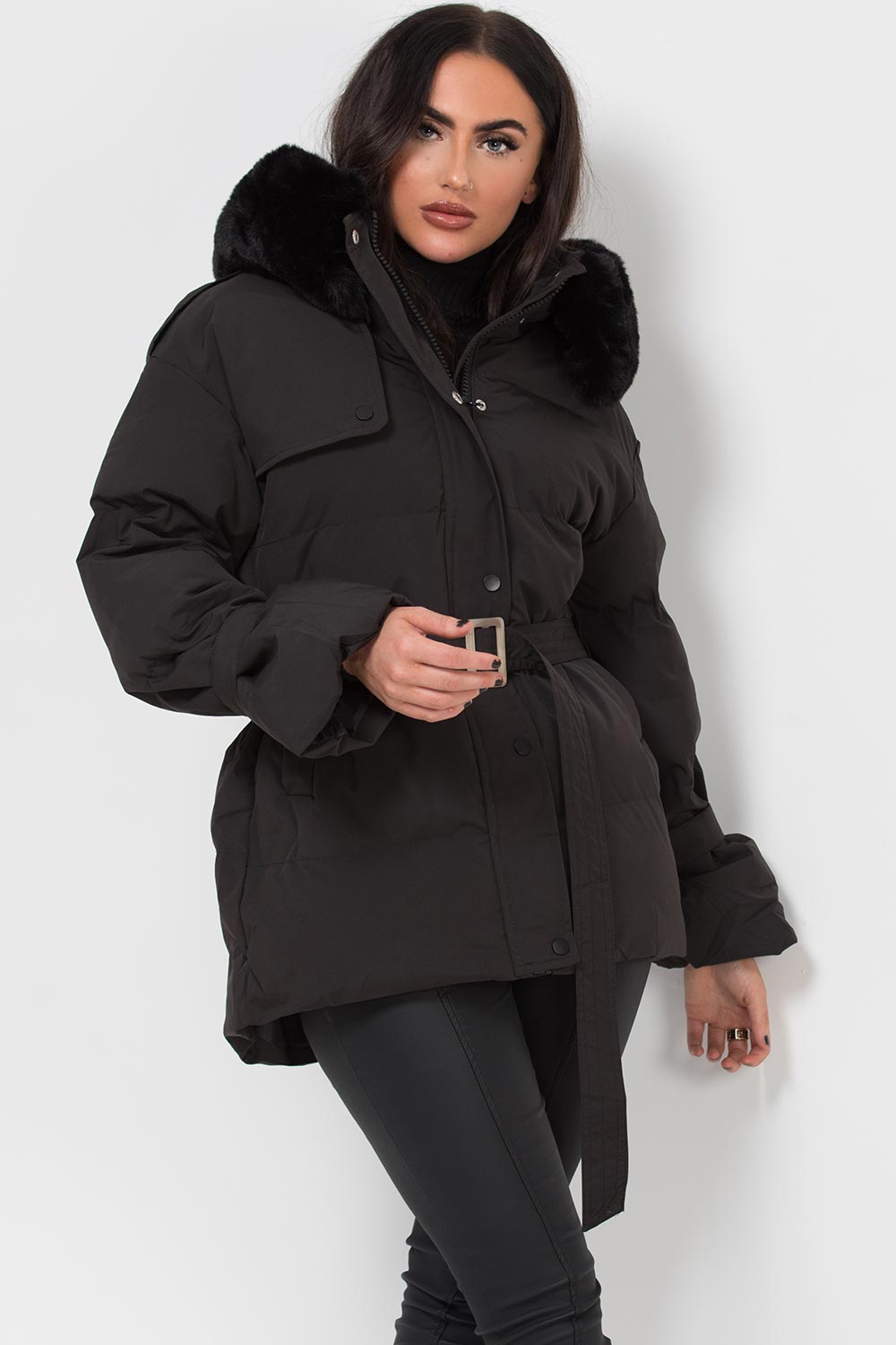 Black Puffer Padded Coat With Faux Fur Hood