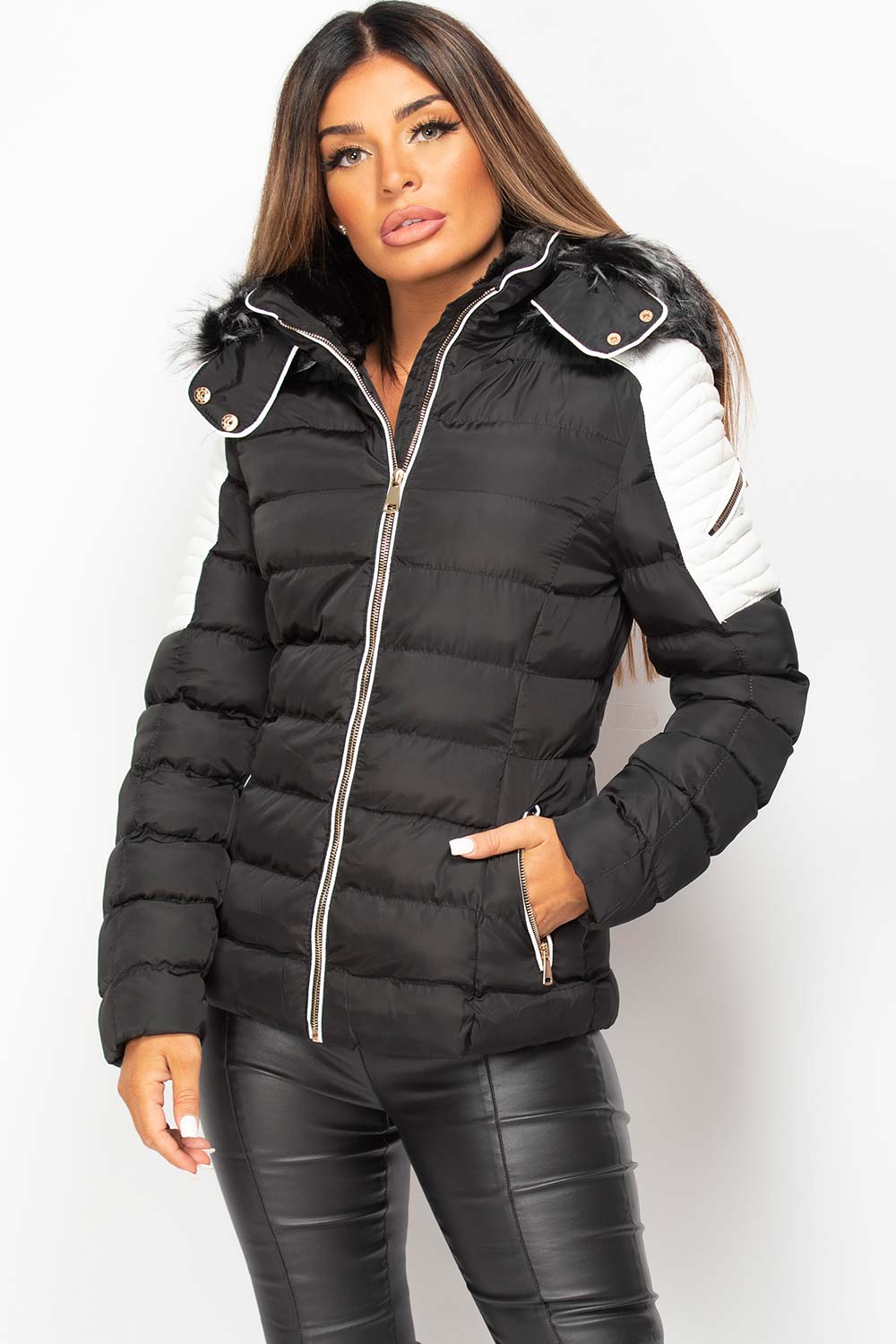 Puffer Coat With Faux Fur Hood Black And White