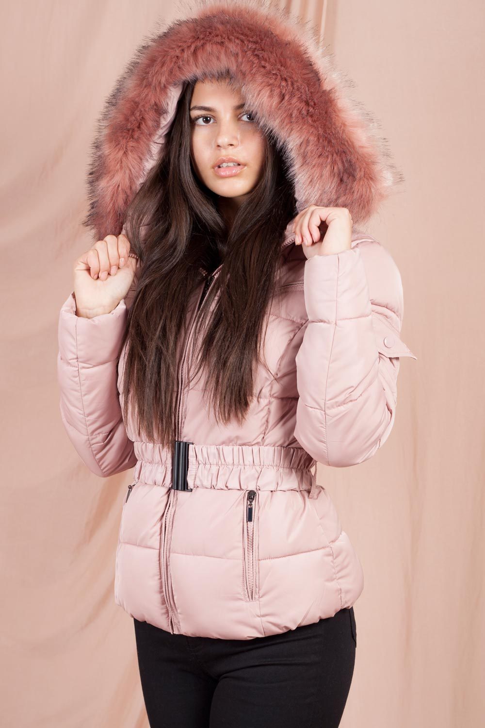 Pink Faux Fur Hooded Puffer Coat With Belt