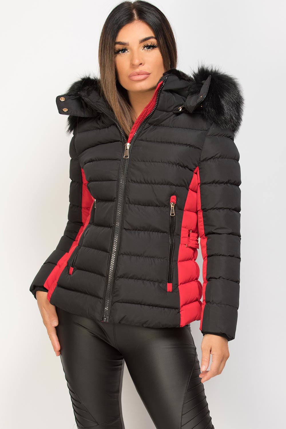 Puffer Jacket With Faux Fur Hood Black And Red