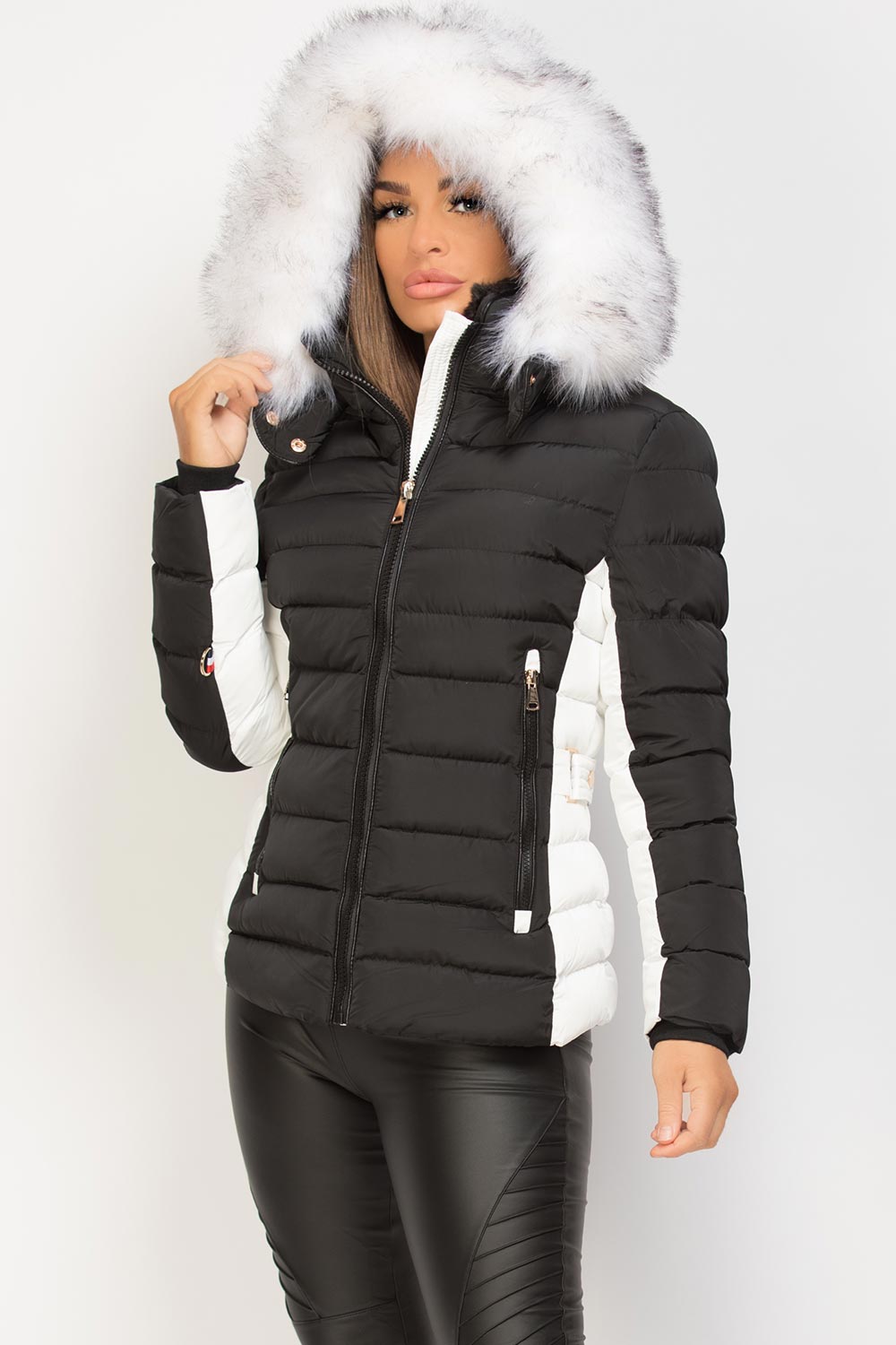 Puffer Jacket With Faux Fur Hood Black And White