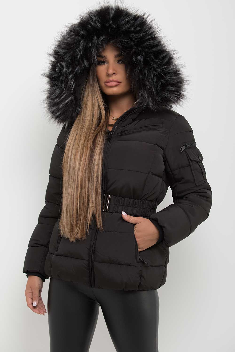 Faux Fur Hooded Jacket With Belt