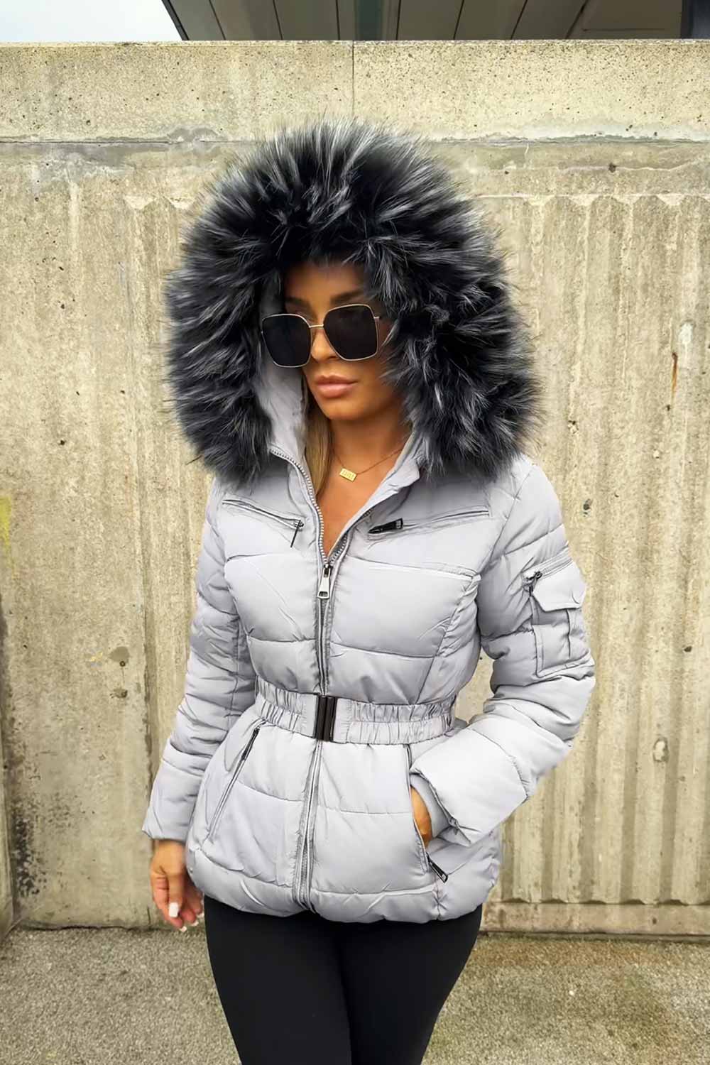 Grey Faux Fur Hooded Jacket With Belt