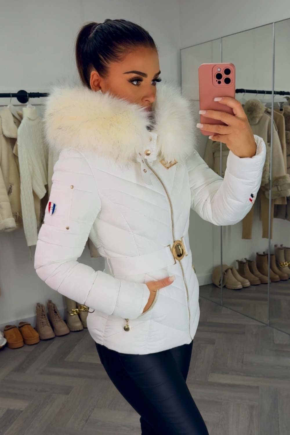 Puffer Jacket With Fur Hood And Belt White